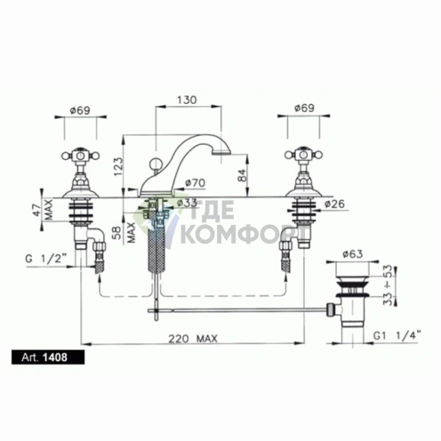 Смеситель для раковины Nicolazzi P.M.Blanc на 3 отверстия с донным клапаном, хром (1408CR78) - фото 2