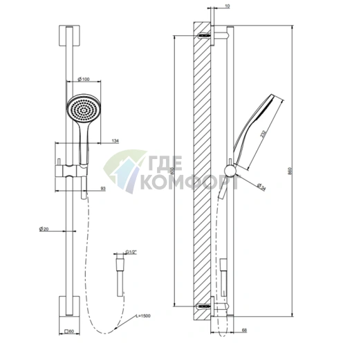 Душевая штанга GESSI Rilievo с лейкой и шлангом 1,5 м, хром (59245#031) - фото 2