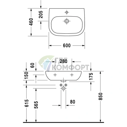 Медицинская раковина Duravit D-Code 600x460 мм без перелива, с одним отверстием под смеситель, белая (23116000002) - фото 2