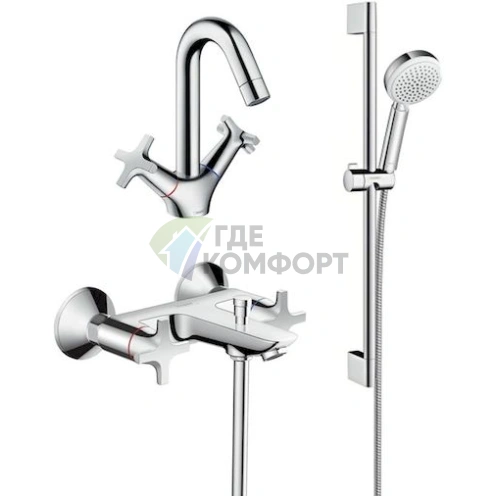 Комплект для ванной Hansgrohe Logis Classic: смеситель для ванны с душем, смеситель для раковины и душевая стойка - фото 1