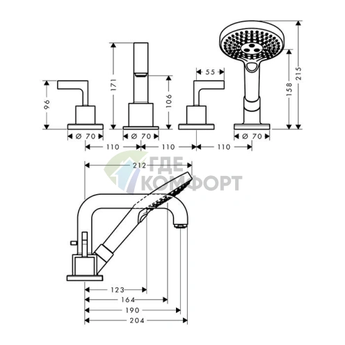 Смеситель AX Citterio для ванны на край, сталь (39446800) - фото 2