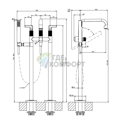 Напольный смеситель для ванны Gessi Inciso с ручным душем в премиальном золотом покрытии PVD (58029#246) - фото 2