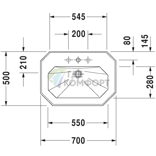 Раковина Duravit 1930 с переливом и отверстием под смеситель 70х50х205 см белая (438700000) - фото 2