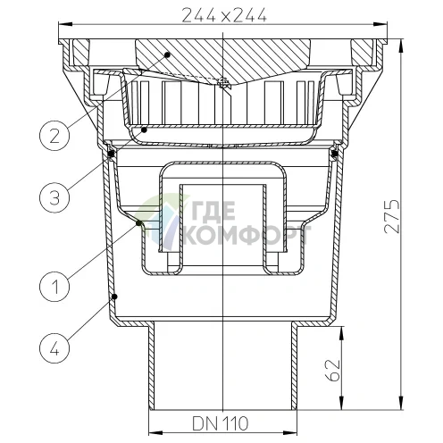 Трап HL606W с решеткой 226x226 мм-грязеуловителем и вертикальным выпуском DN110 - фото 3