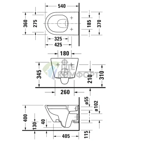 Подвесной унитаз Duravit D-Neo безободковый с покрытием WonderGliss, 370x540 мм, белый (25780900001) - фото 2