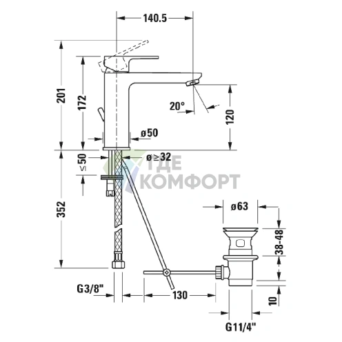 Смеситель для раковины Duravit B.3 на одно отверстие с донным клапаном, излив 141 мм, хром (B31020001010) - фото 2