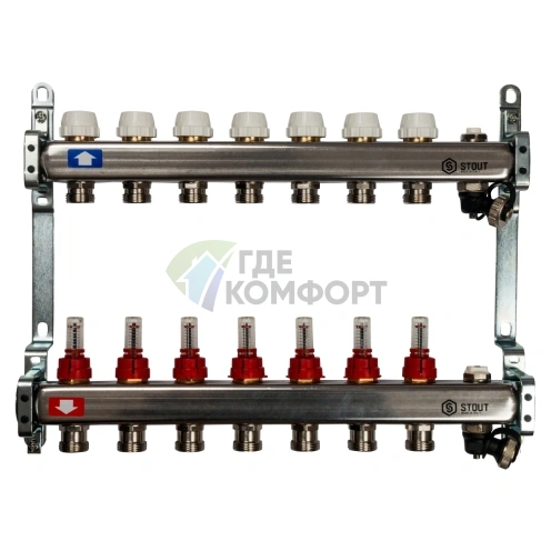 Коллекторная группа с запорными кранами из нержавеющей стали с расходомерами на 7 выходов STOUT - фото 1