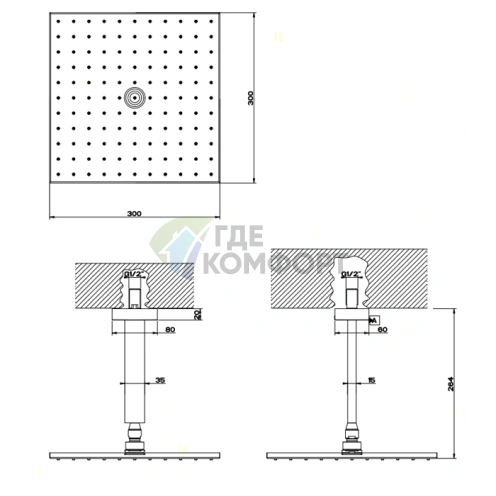 Gessi Rettangolo Верхний душ потолочный 300x300 мм, хром (15186#031) - фото 2