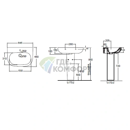 Подвесная раковина AZZURRA Pratica 64.5×48 см, белая, с отверстием под смеситель - фото 4