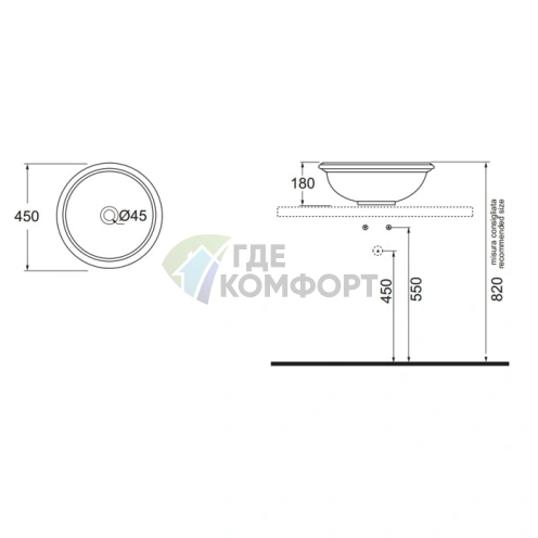 Раковина AZZURRA JUBILAEUM круглая 45x18 см, белая, без отверстий под смеситель - фото 7