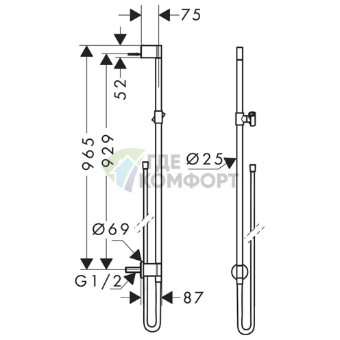 AX One Телескопическая душевая штанга со шлангом 1.5 м, хром (48792000) - фото 2