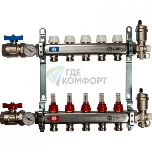 Коллекторная группа в сборе из нержавеющей стали с расходомерами на 5 выходов STOUT - фото 2
