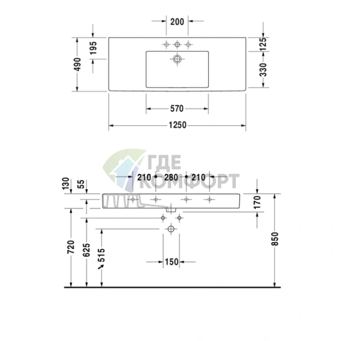 Раковина Duravit Vero 1250x490 мм для мебели с переливом, без отверстия под смеситель, белая (329120060) - фото 4