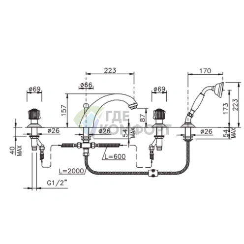 Смеситель для ванны Nicolazzi Onice с ручным душем, хром (2104CR09O) - фото 2