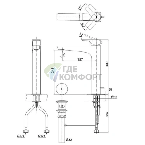 Высокий смеситель TOTO GE для раковины с хромированным покрытием и сливным клапаном (TLG07305R) - фото 2