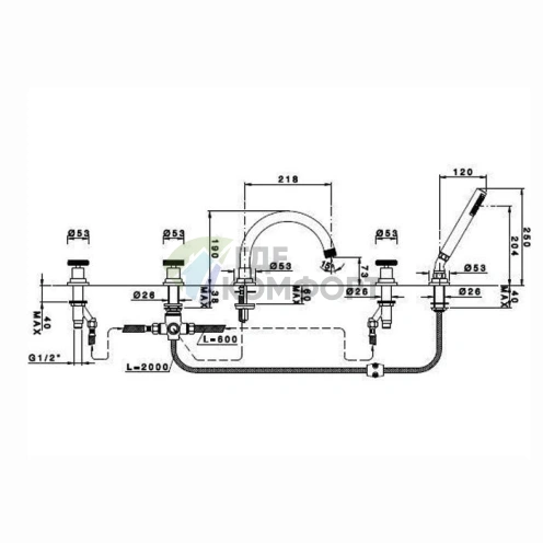 Смеситель для ванны Nicolazzi Arena на 5 отверстий с изливом 21,8 см, хром (3314CR44) - фото 2