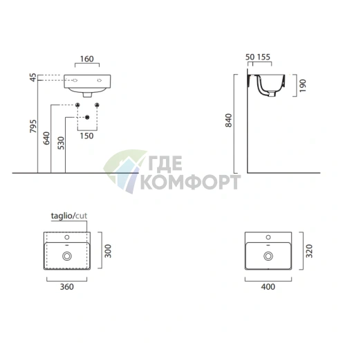 Подвесная раковина GSI Sand 40x32 см с переливом, белая - фото 2