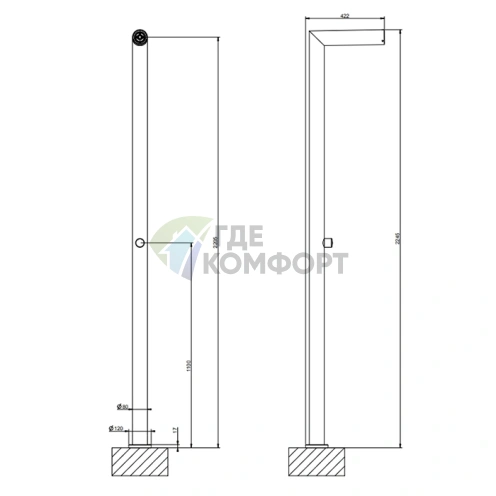GESSI OUTDOOR напольная душевая стойка для улицы, 1 выход, без ручки и топа, цвет Steel Brushed (63201#239) - фото 2