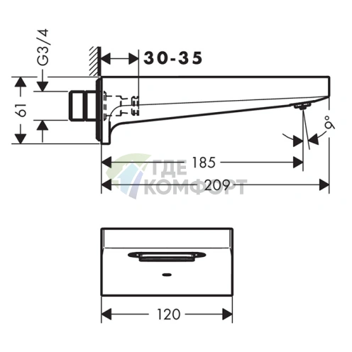 Излив для ванны Hansgrohe Metropol 185 мм: настенный, хром (32543000) - фото 2