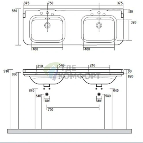Двойная керамическая раковина Kerasan Waldorf 150×55 см, белая, с 3 отверстиями под смеситель (4143K1bi/cr*3) - фото 5