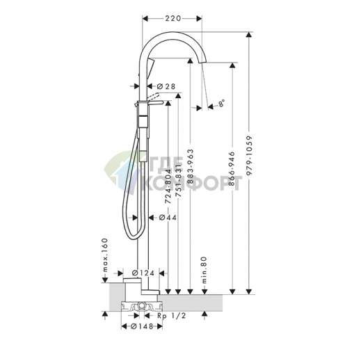 Напольный смеситель для ванны AX One цвет шлифованный черный хром (48440340) - фото 2