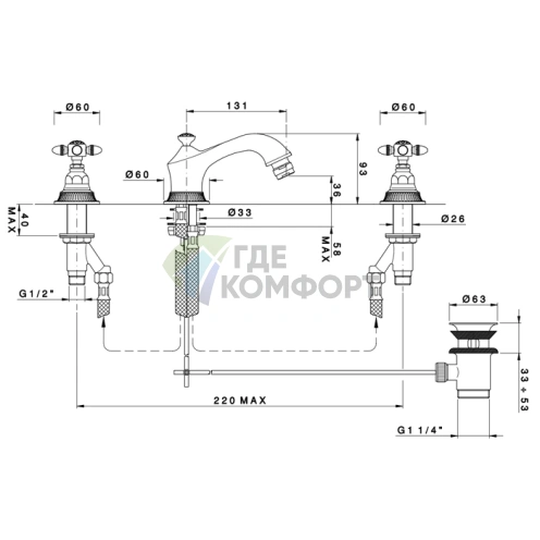 Смеситель для биде Nicolazzi Impero на 3 отверстия с донным клапаном, хром (1215CR36) - фото 2
