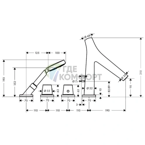 Термостатический смеситель AX Starck Organic для ванны с ручным душем (хром) (12425000) - фото 2