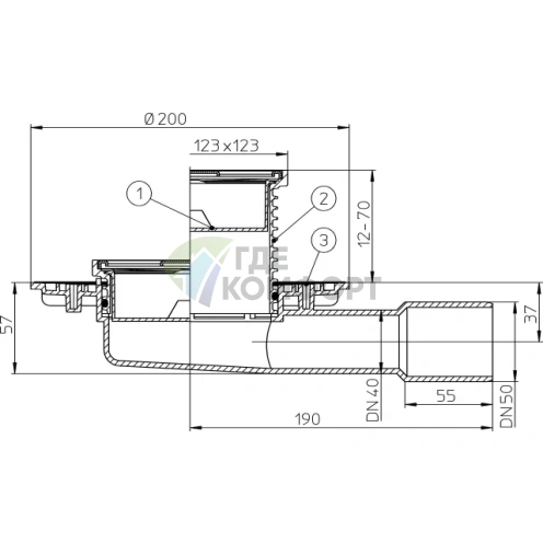 Трап HL90 с решеткой 115x115 мм и горизонтальным выпуском - фото 3