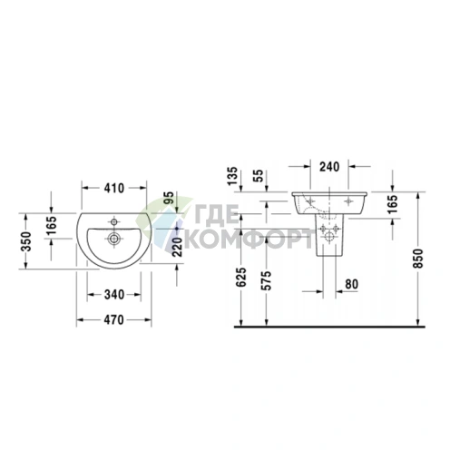 Раковина для рук Duravit Darling New с переливом, 1 отверстие под смеситель, 470x345 мм, белая (731470000) - фото 2