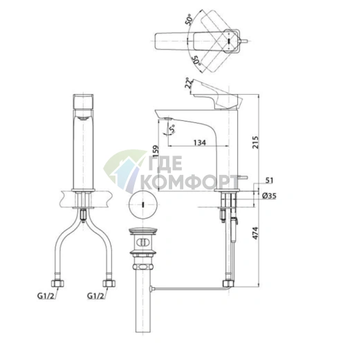 Смеситель для раковины TOTO GE на 1 отверстие со сливным клапаном, хром (TLG07303R) - фото 2