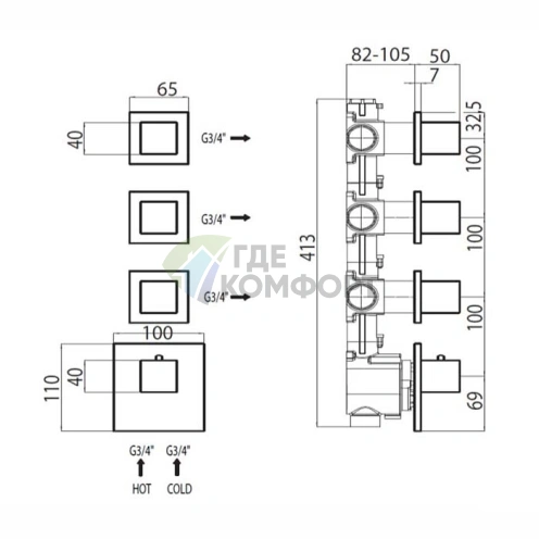 Термостатический смеситель для душа Bossini прямоугольный, на 3-6 выходов, вертикальный монтаж, хром (Z033205.030) - фото 2