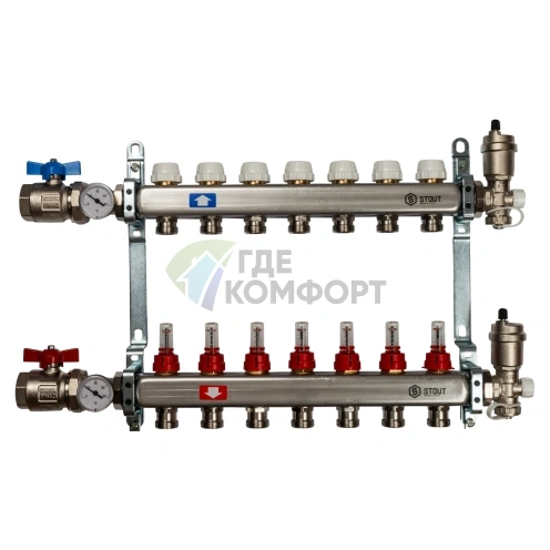 Коллекторная группа в сборе из нержавеющей стали с расходомерами на 7 выходов STOUT - фото 1
