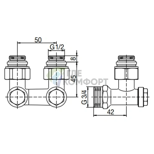 Узел нижнего подключения Oventrop Multiflex V ZB 1/2 AGx3/4 AG 1016292 угловой - фото 2