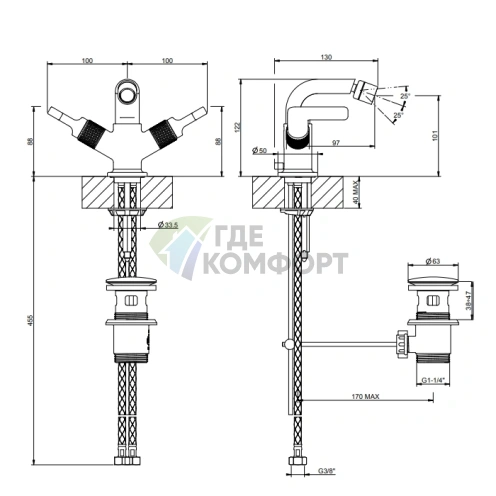Смеситель для биде GESSI INCISO: однорычажный, на 1 отверстие, излив 97 мм, хром (58027#031) - фото 2