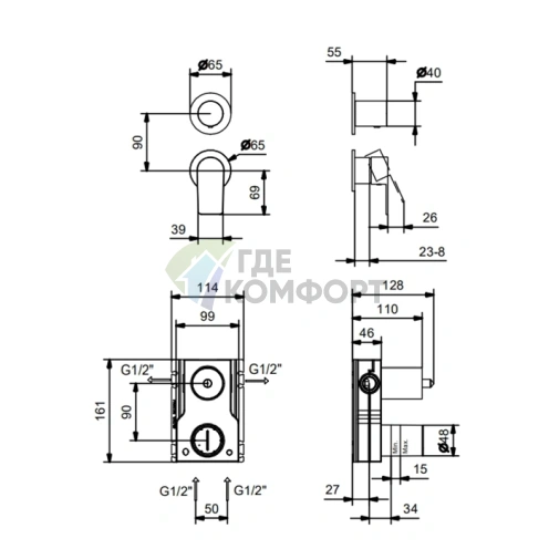 Смеситель для душа Fantini MYO встраиваемый, наружная часть, 2 источника, хром (61 02 V681B) - фото 2
