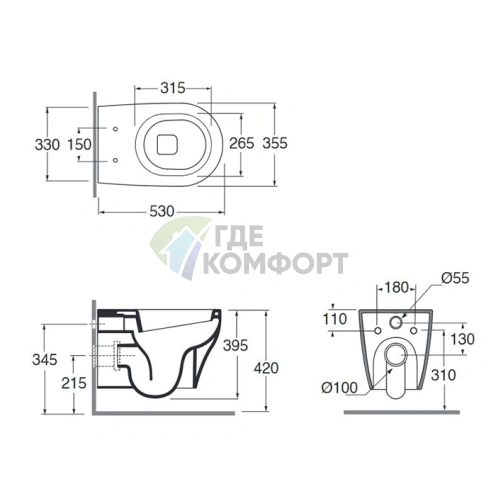 Подвесной унитаз AZZURRA PRATICA безободковый, белый, с системой монтажа (PAVCSP000000BI) - фото 2