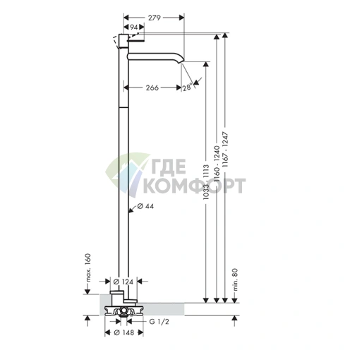 Напольный смеситель AX Uno для раковины в элегантном цвете шлифованное золото (38037250) - фото 2