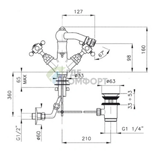 Смеситель для биде Nicolazzi Dames Anglaises с двумя ручками, донным клапаном и изливом 127 мм, хром (1434CR70) - фото 2