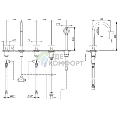 Смеситель для ванны Fantini Icona Classic с ручным душем, на борт, хром (53 02 R065) - фото 2