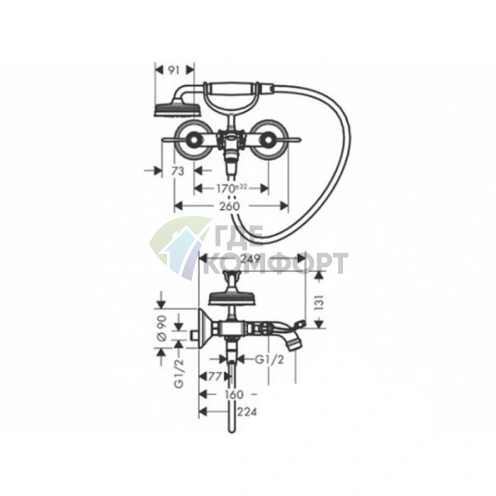 Смеситель для ванны AX Montreux настенный с ручным душем в полированном золоте (16551990) - фото 2