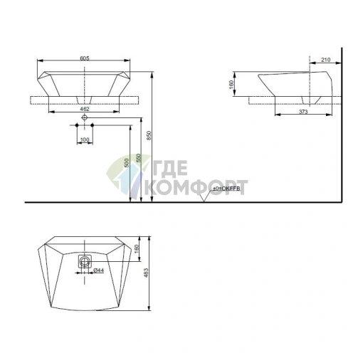 Накладная раковина TOTO Jewelhex 607x483 мм белая со сливным клапаном (LW681B#W) - фото 4