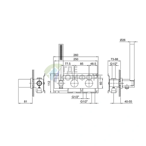 Встраиваемый смеситель для душа Fantini Milano с ручным душем и двумя выходами (Matt Gun Metal PVD) (31 P5 E584B) - фото 2