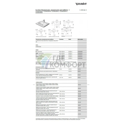 Раковина Duravit DuraStyle без перелива с отверстием под смеситель 650×480 мм белая (2320650041) - фото 6