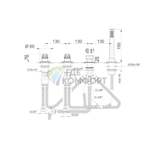 Смеситель Fantini AL/23 для борта ванны, 4 отверстия, без излива, хром (26 02 B267) - фото 2