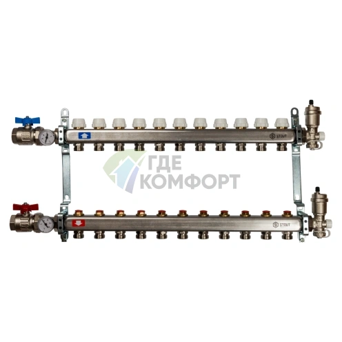 Коллекторная группа в сборе из нержавеющей стали без расходомеров на 11 выходов STOUT фото 1