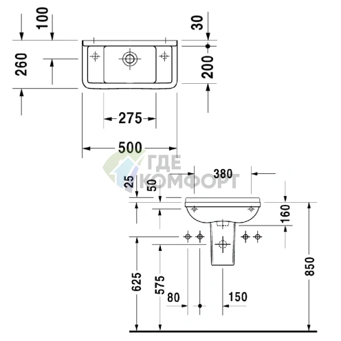 Раковина Duravit Starck 3 500x260 мм белая с переливом и отверстиями под смеситель (751500000) - фото 4