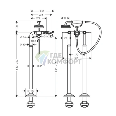Смеситель для ванны AX Montreux напольный с ручным душем в полированном золоте (16553990) - фото 2