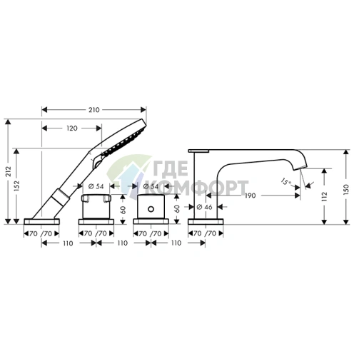 Термостатический смеситель для ванны AX Citterio E с ручным душем, 4 выхода, шлифованная бронза (36411140) - фото 2