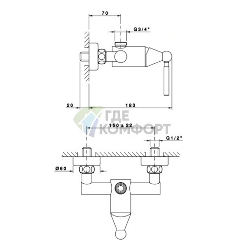 Смеситель для душа Nicolazz Torre на 2 отверстия с верхним выводом 3/4 в хроме (3925CR) - фото 2