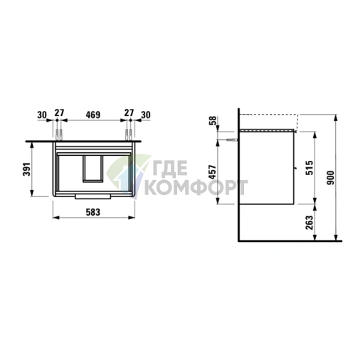 Подвесная база LAUFEN Base 8.1028.3 с двумя ящиками, 585×390×530 мм, белый глянец (4.0225.2.110.261.1) - фото 2